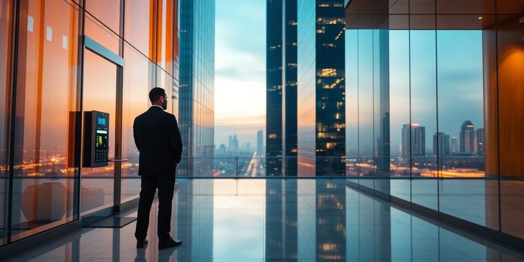 High-rise office building entrance with security guard and fingerprint scanner