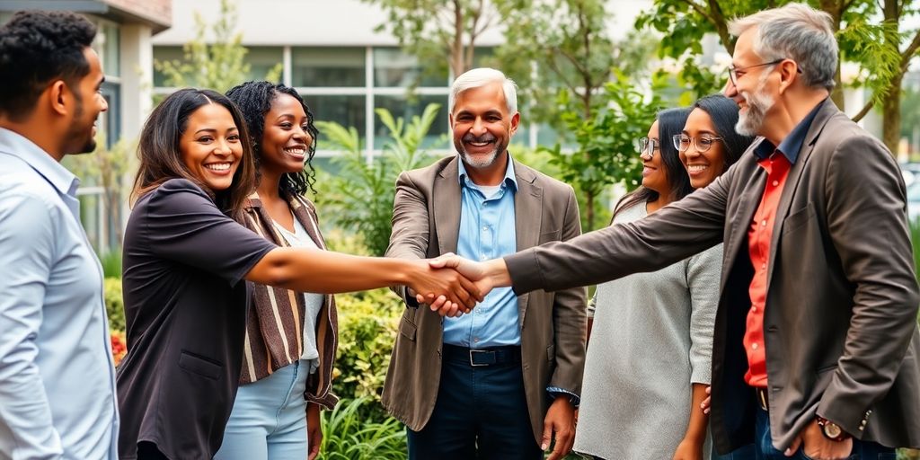 Diverse business partners shaking hands outdoors.
