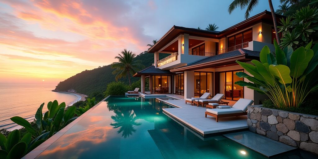 Luxurious villas in Samui with blue waters and gardens.