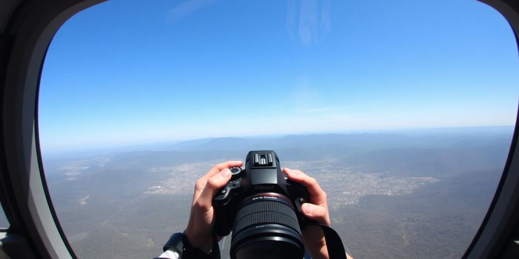 Person holding a camera inside a helicopter over mountains.