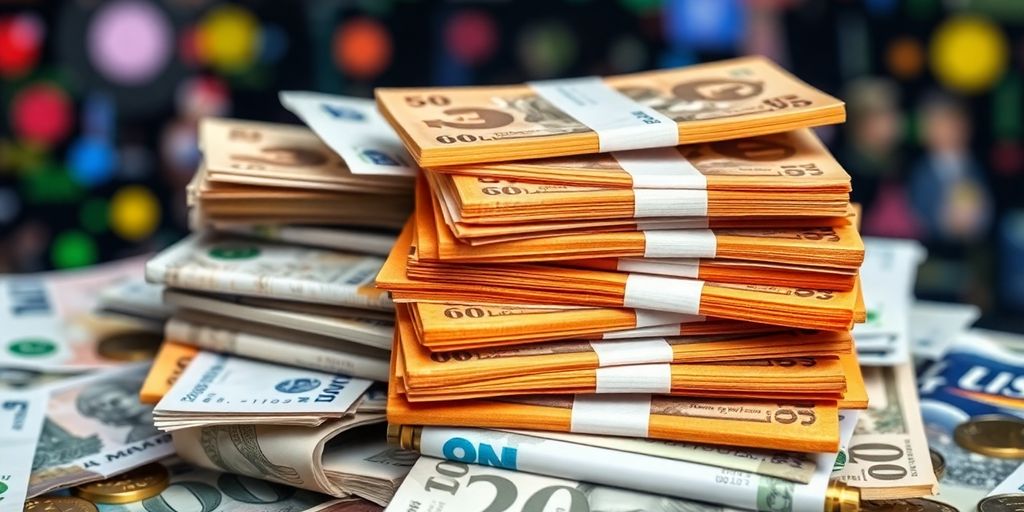 Diverse currencies stacked together, representing global commerce.