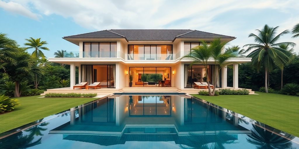 Hyper-realistic Thai villa with lush surroundings and pool.