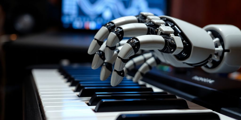 Robot composing music on a keyboard.