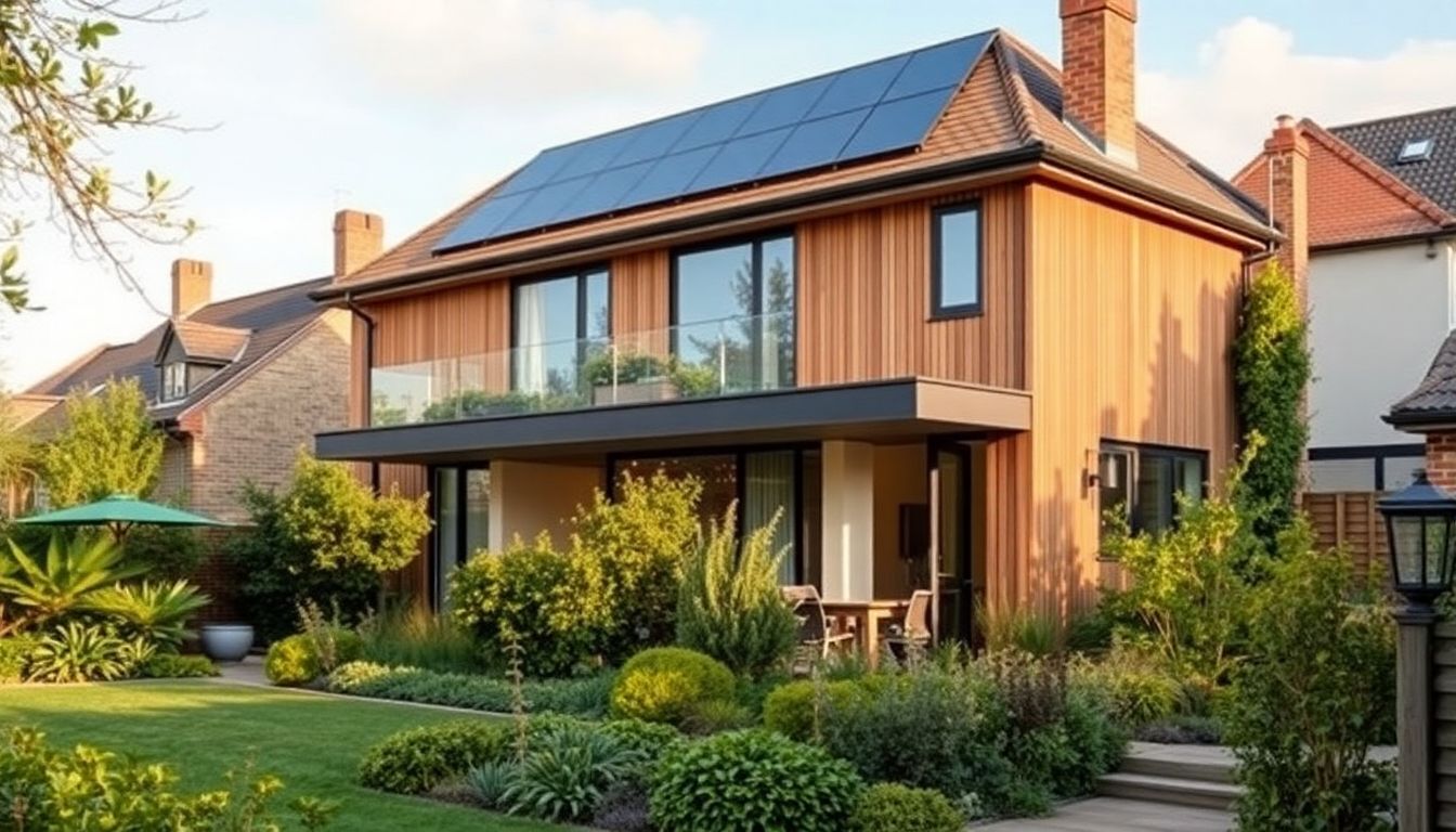 Modern London home with solar panels and greenery.