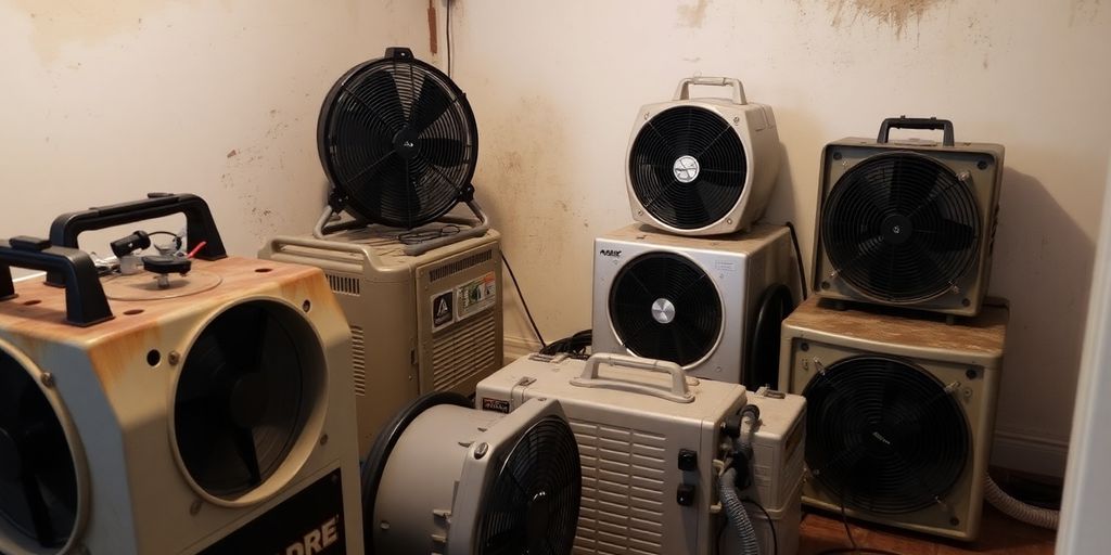 Fire damage restoration equipment in action.