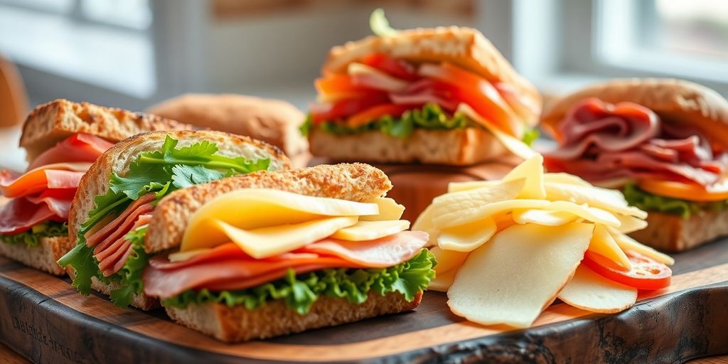 แซนวิชหลากหลายชนิดวางบนจานพร้อมจัดเบรค