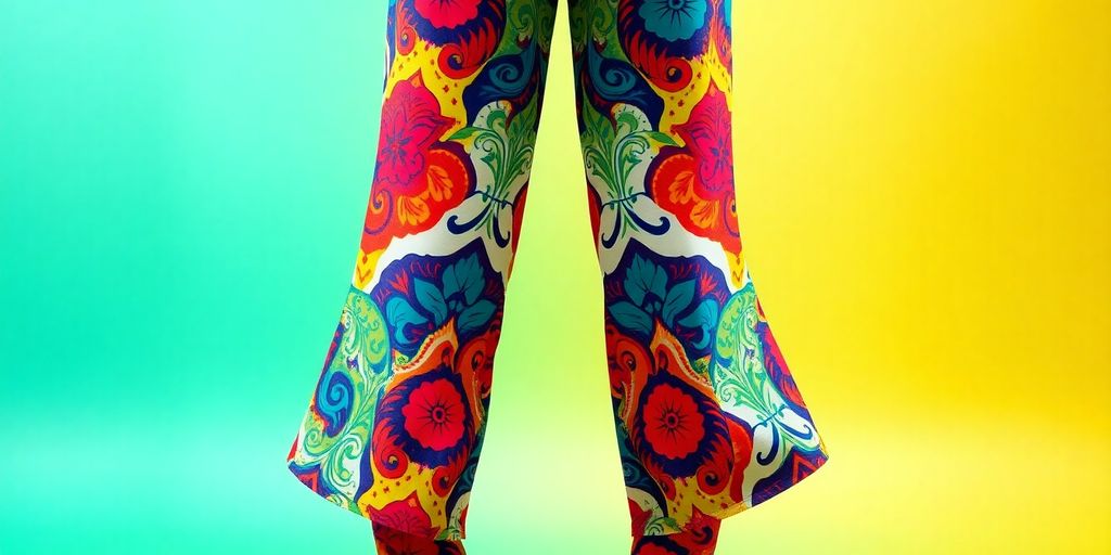 Colorful bell-bottom pants with a flared design.
