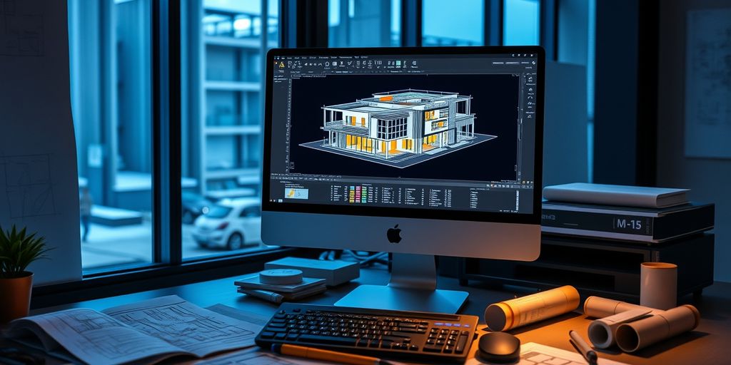 Architect's desk with Revit 3D model on screen