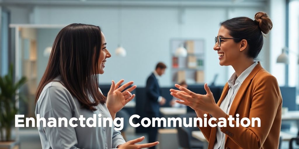 Two colleagues communicating effectively in a modern office.