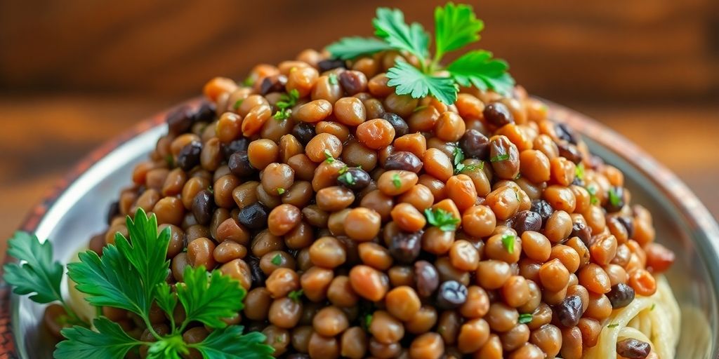 Bowl of cooked lentils with fresh herbs on wooden table.