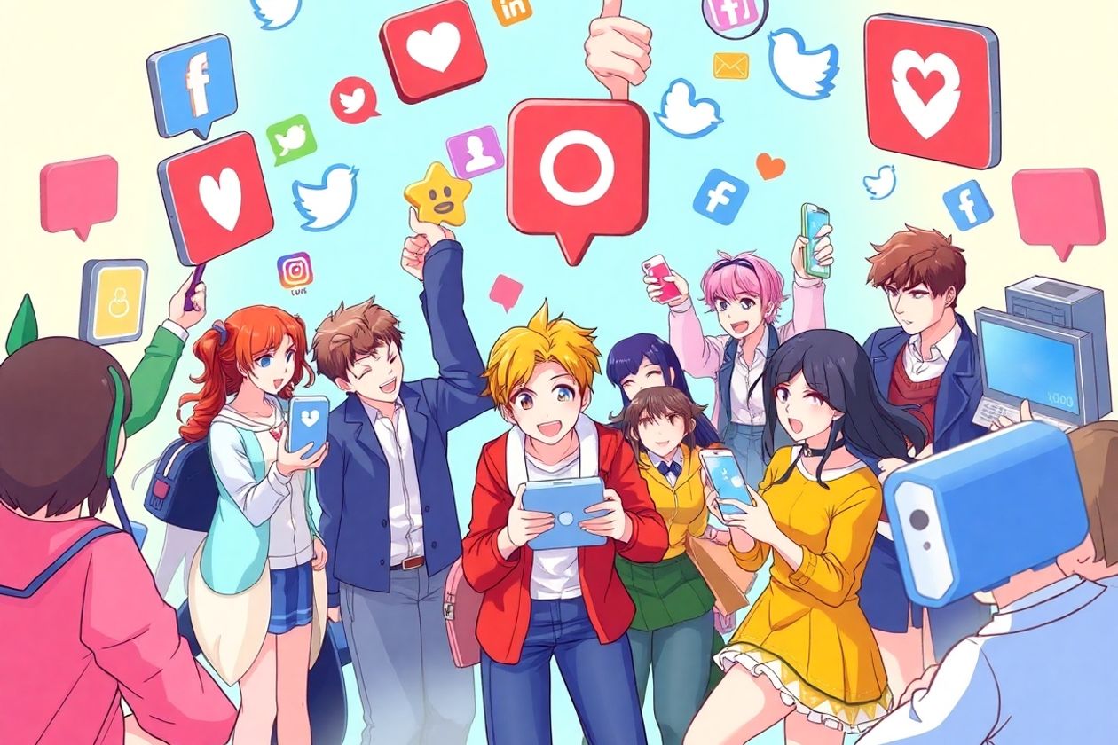 Personagens animados e reais interagindo com redes sociais.
