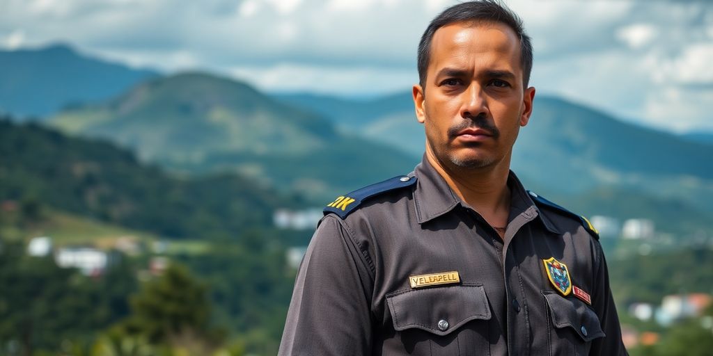 Military policeman in uniform against a Venezuelan landscape.