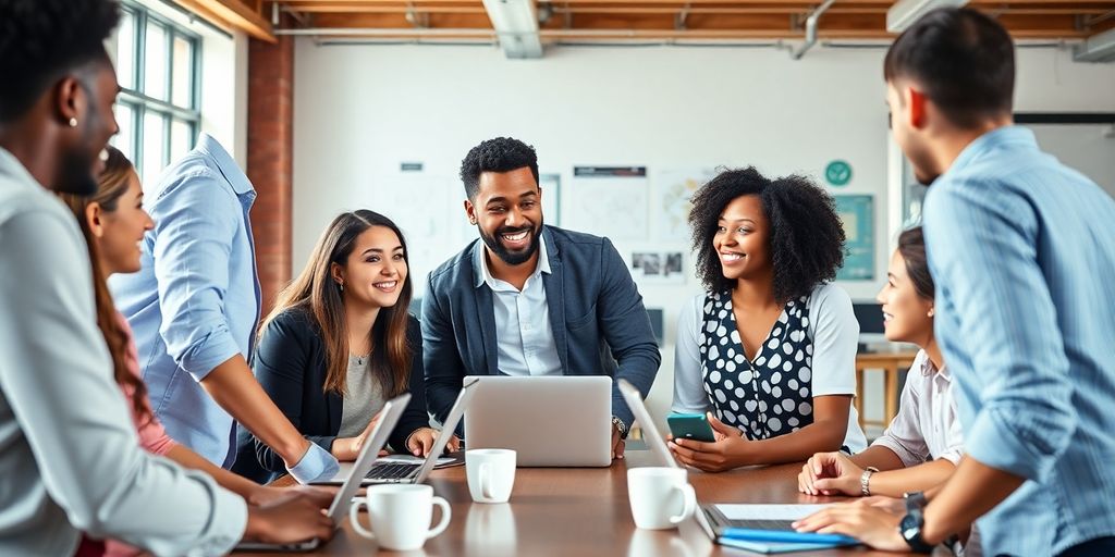 Diverse group discussing in a modern workspace.