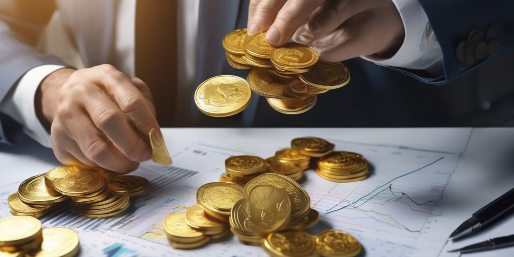investor analyzing financial charts with gold bars and silver coins, risk management, leverage concept