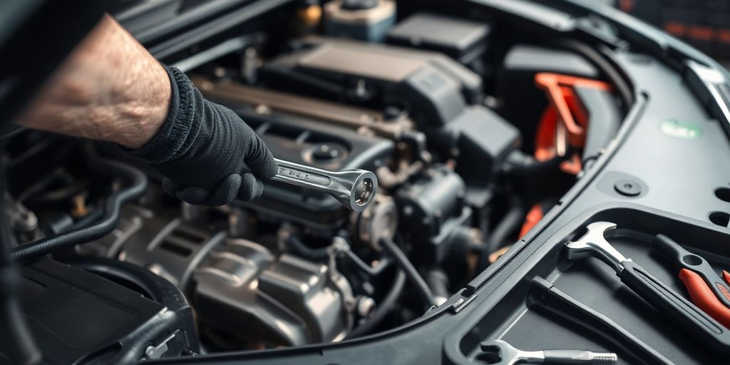 Mechanic inspecting car engine with tools.