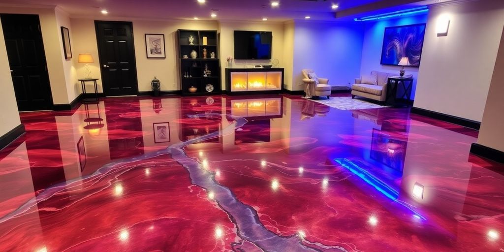 Glossy epoxy flooring in a modern basement interior.