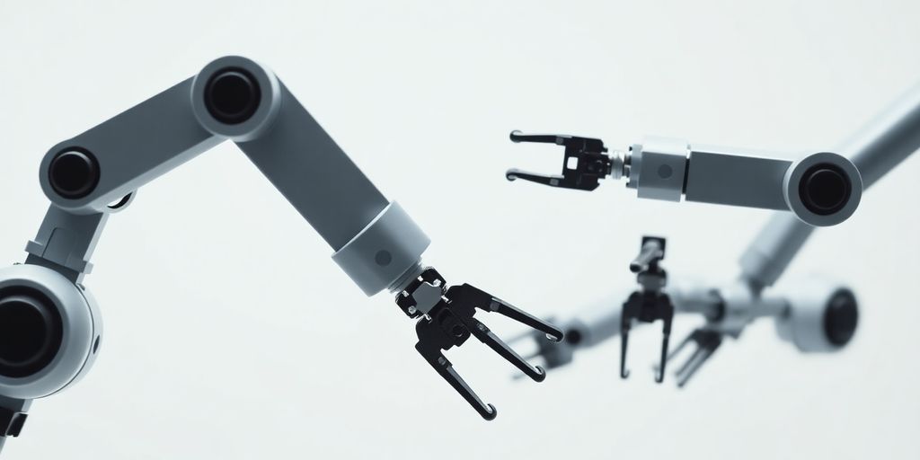Robotic arms connecting, forming a collaborative chain.