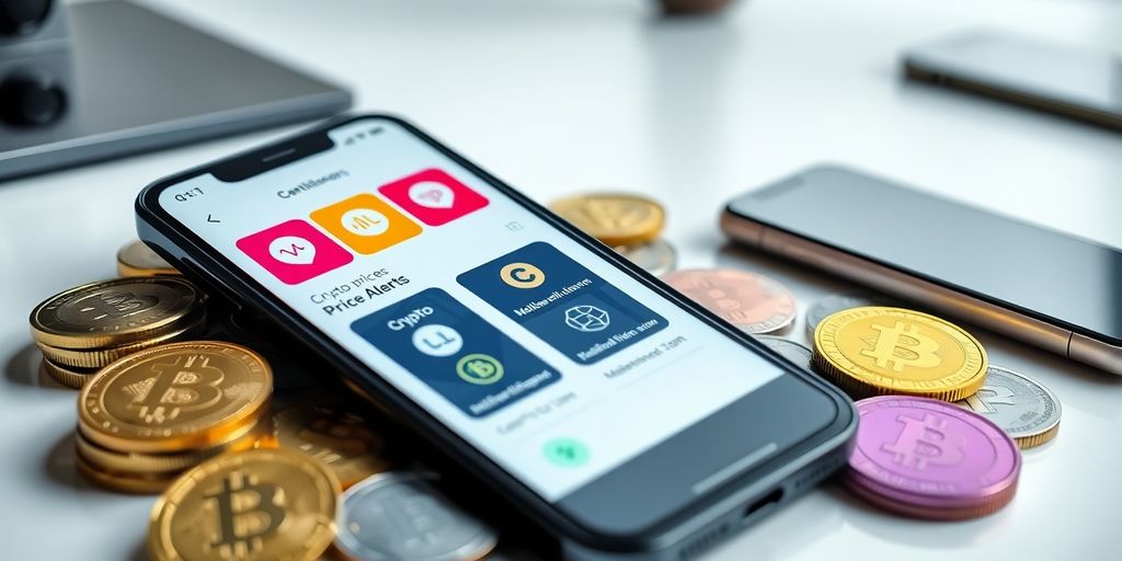 Smartphone with crypto price alert app and coins.