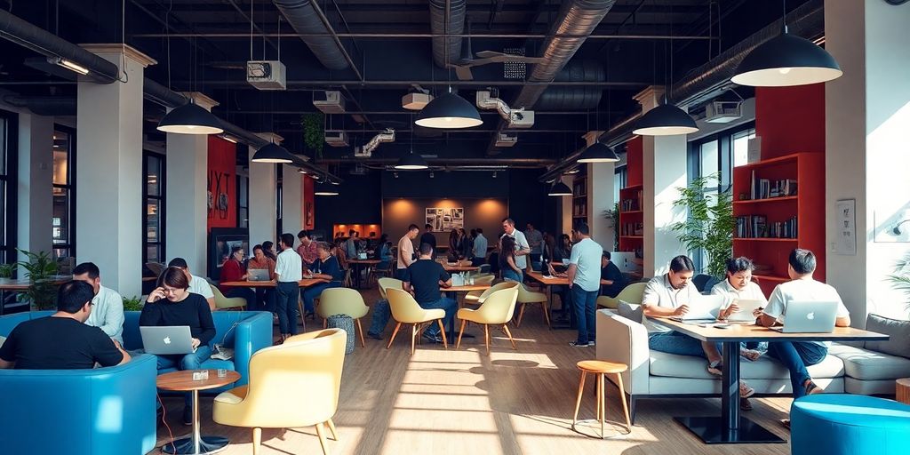 Modern coworking space in Manila with professionals collaborating.