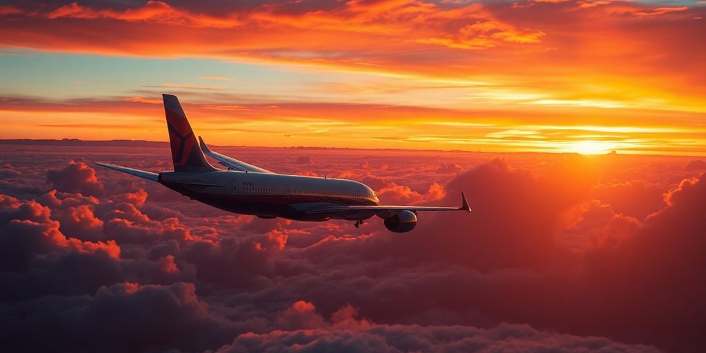 Avião decolando em direção a um pôr do sol vibrante.