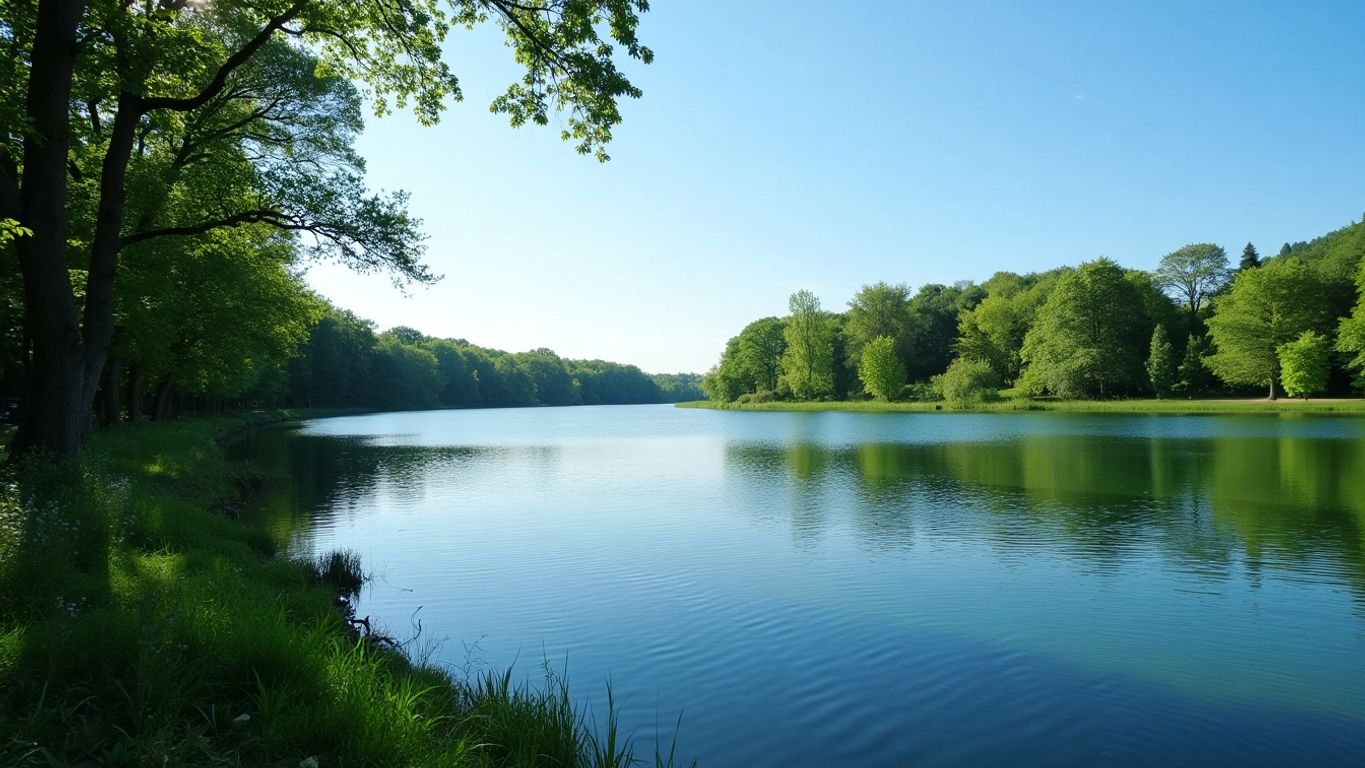 Peaceful lake with green trees and blue sky.