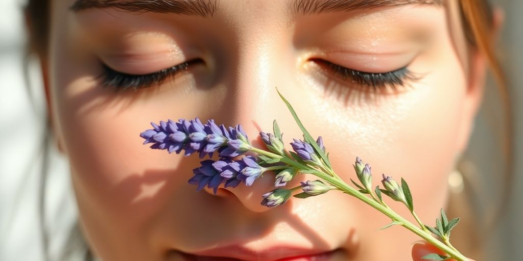 Person smelling lavender, eyes closed, calm expression.