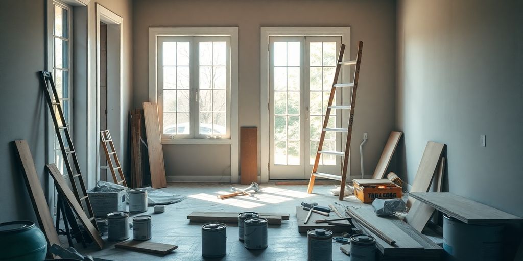 Cozy home renovation with tools and materials visible.