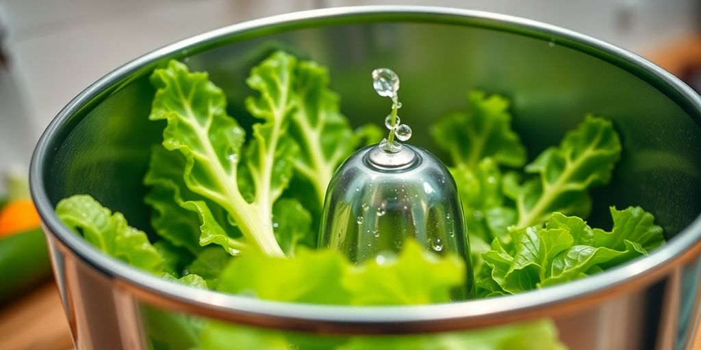 Salatschleuder aus Edelstahl mit frischem, nassem Salat