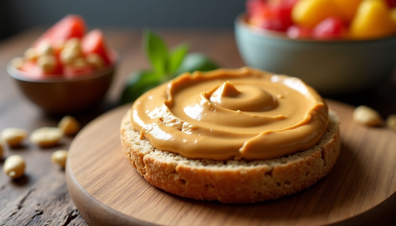 Whole wheat English muffin with peanut butter and fruit.