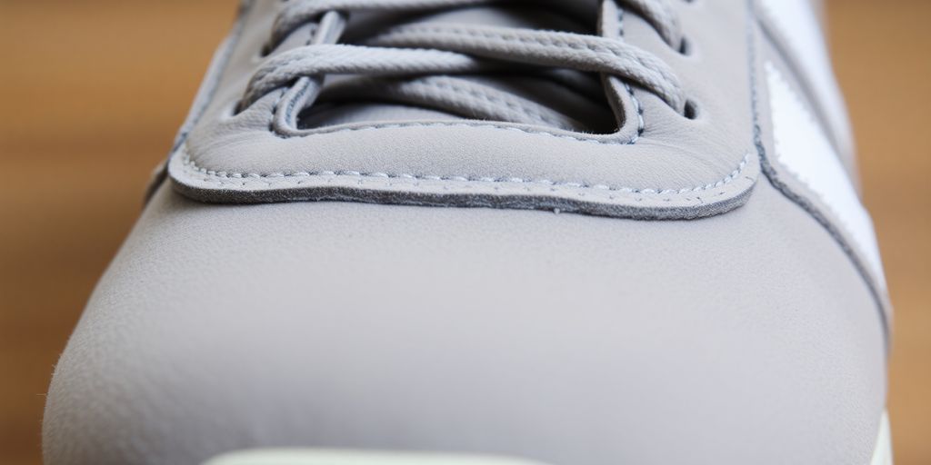 Close-up of a suede toe cap on an Adidas Boston 10 shoe.