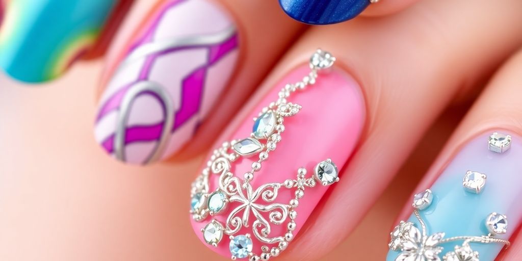 Unhas decoradas com cores vibrantes e designs elaborados.