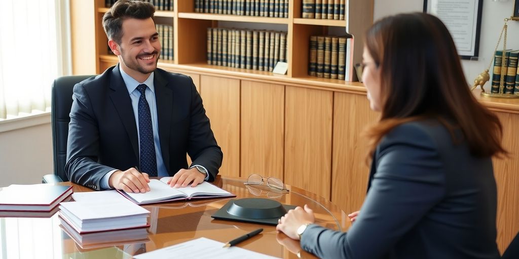 Lawyer consulting with a client in an office setting.