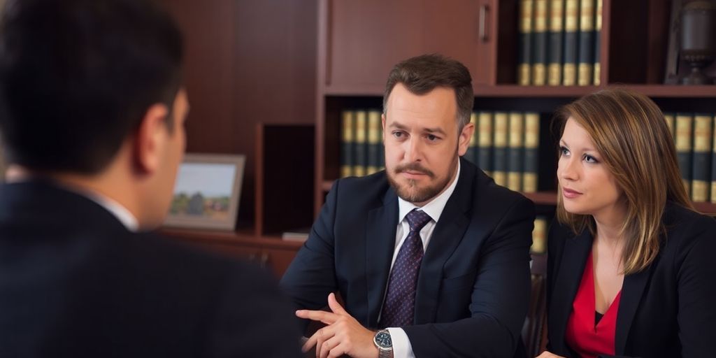 Lawyer consulting with client in a professional office setting.