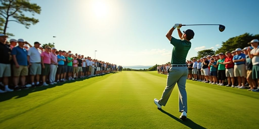 Golfer swinging on a sunny golf course with spectators.