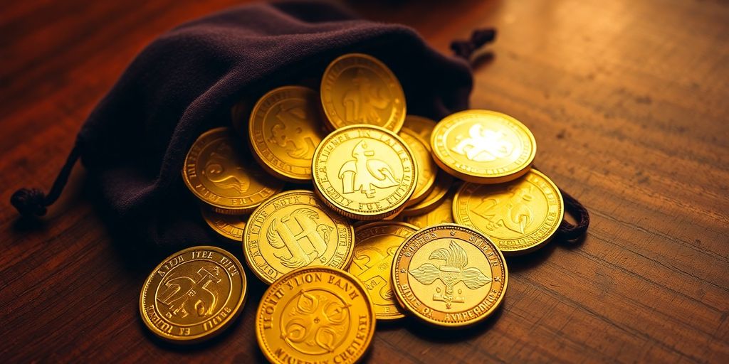 Pièces d'or anonymes dans un sac en velours.
