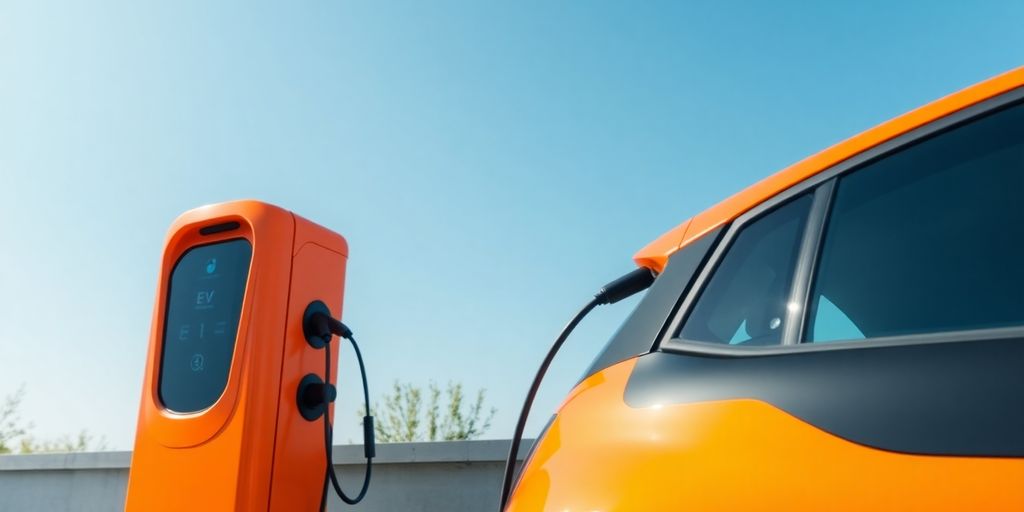 Orange electric vehicle charging station with a parked EV.