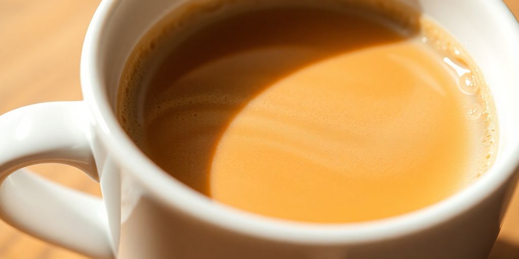 Steaming cafe au lait in a white mug.