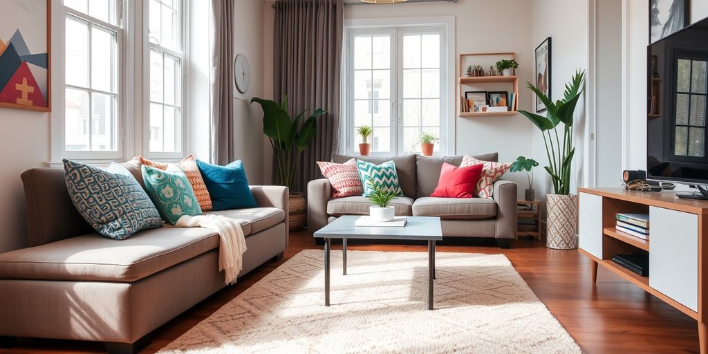 Cozy living room with a storage ottoman and cushions.