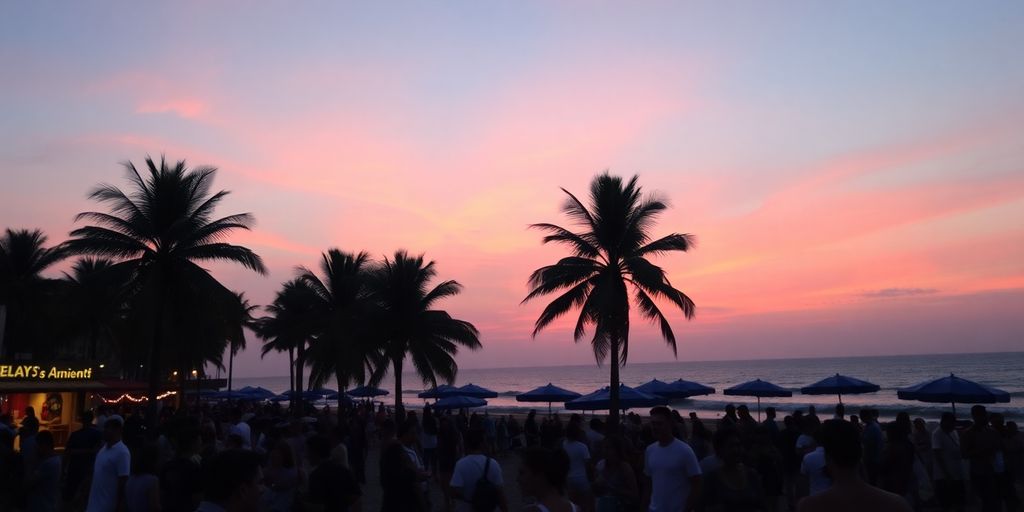 Palm trees silhouetted against a vibrant sunset over a beach.