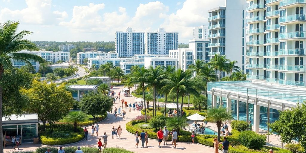 Vibrant urban scene of Aventura, Florida, showcasing community life.