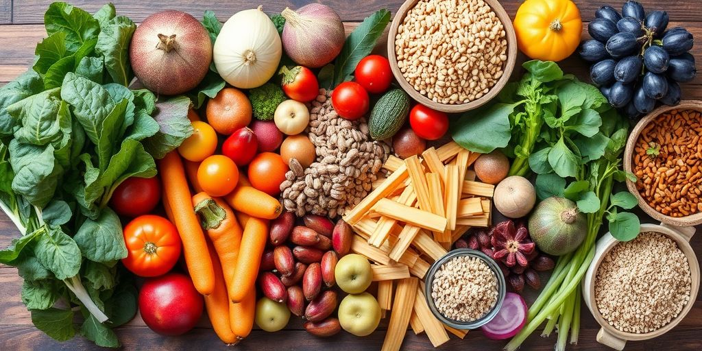 Colorful fruits and vegetables promoting digestive health and fiber.