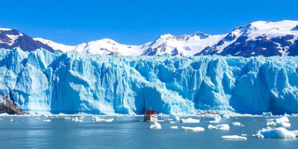 A tour boat on a lake before the Knik Glacier.