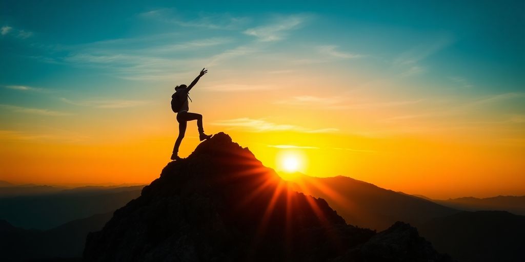 Person climbing mountain peak at sunrise.