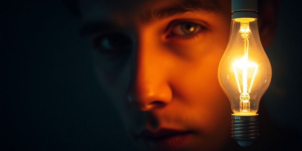 Lightbulb illuminating a person's thoughtful expression.