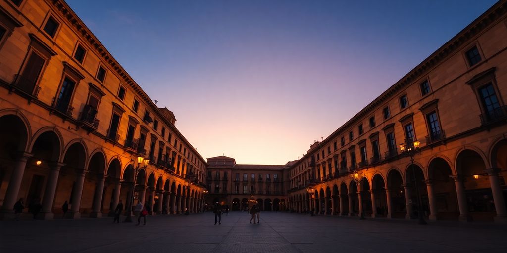 Plaza Mayor de Salamanca iluminada al atardecer.