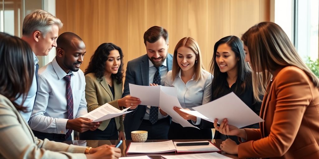 Diverse professionals discussing legal documents in a meeting.