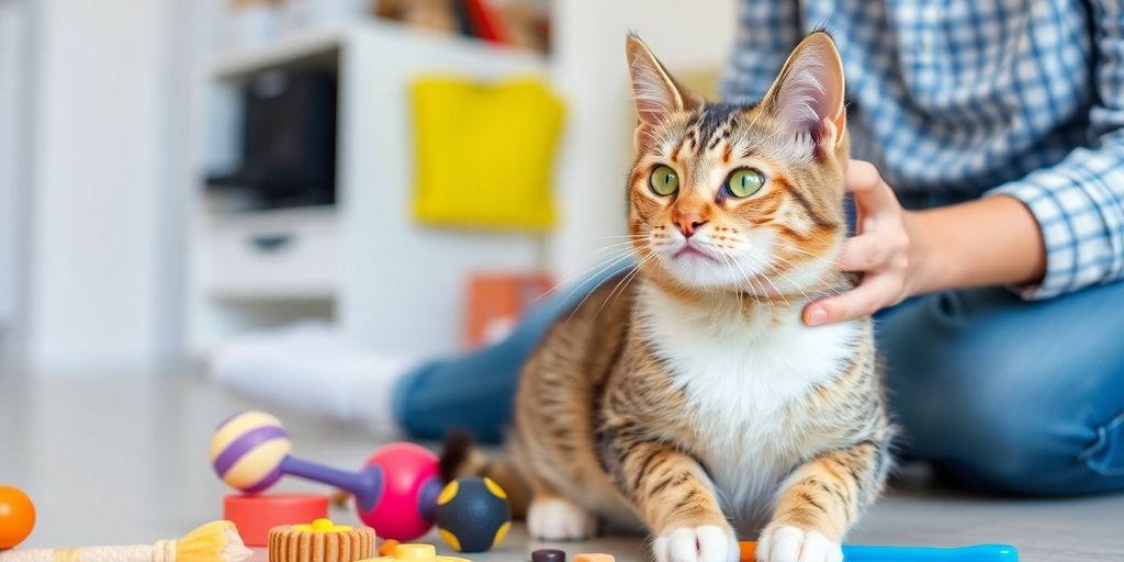 Adult cat training with owner and toys in a bright setting.