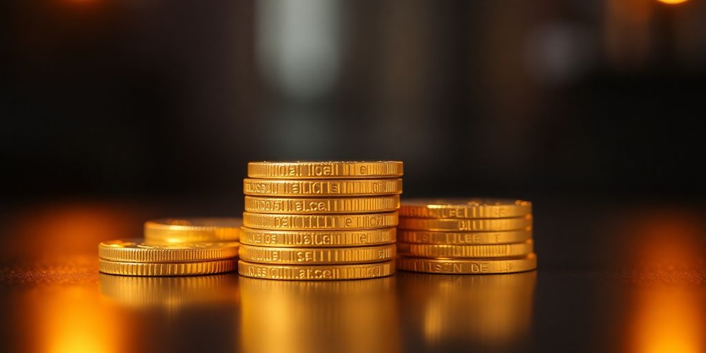 Pièces d'or empilées avec un reflet chaud.