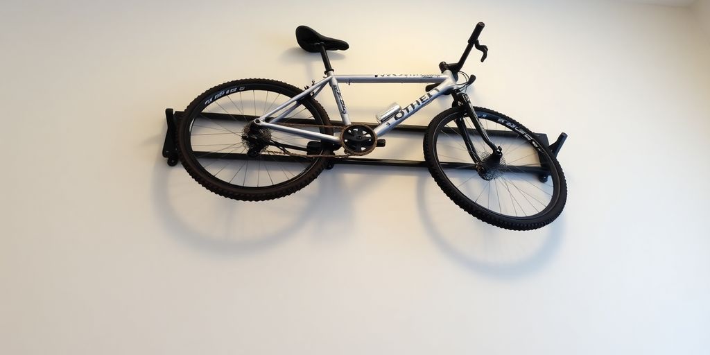 Two bikes hanging on a wall rack.