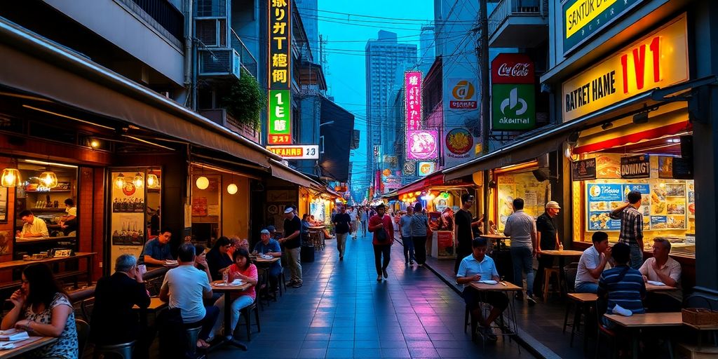 Outdoor dining and entertainment scene in Jakarta.